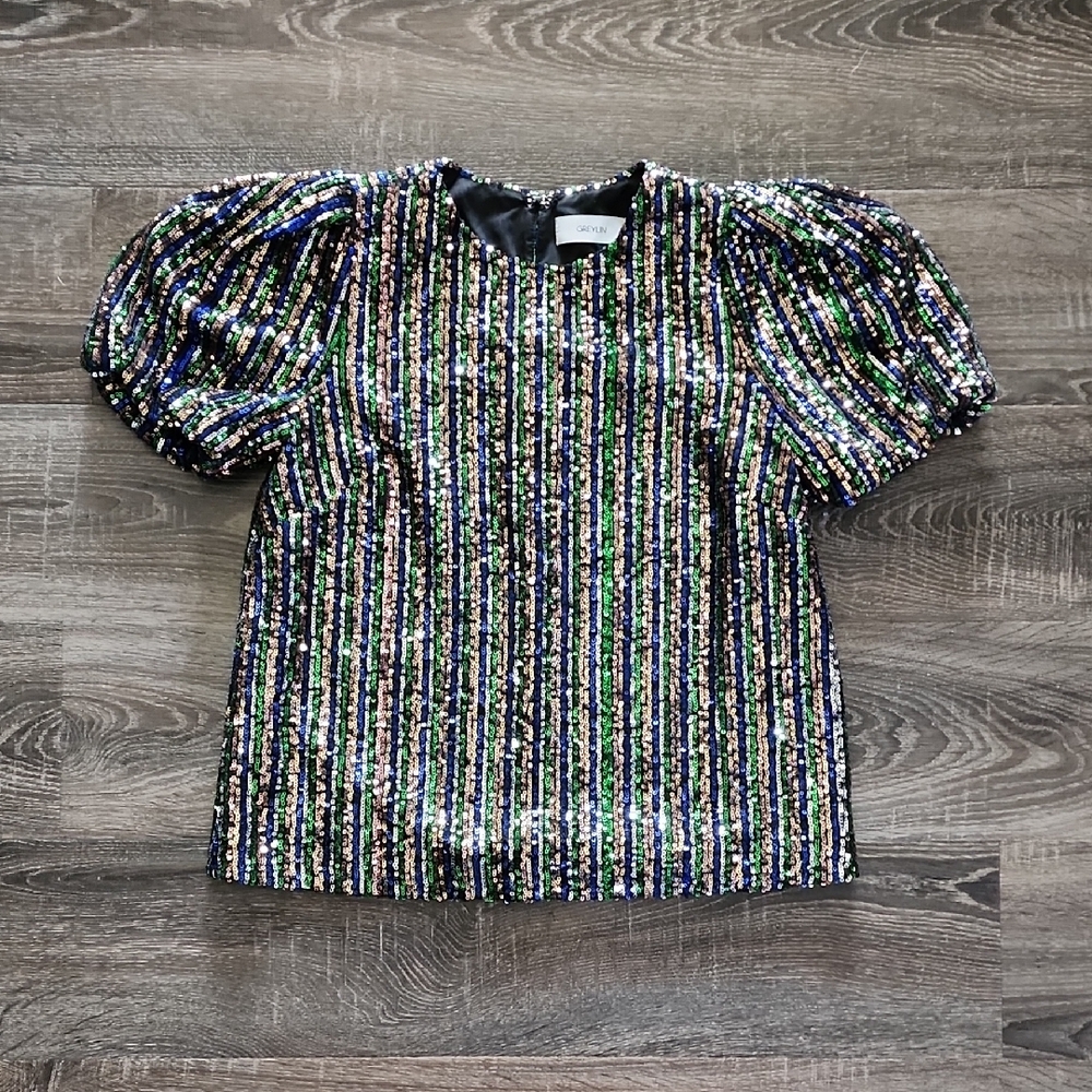 🌹 Greylin Striped Sequin Puff Sleeve Top 🌹